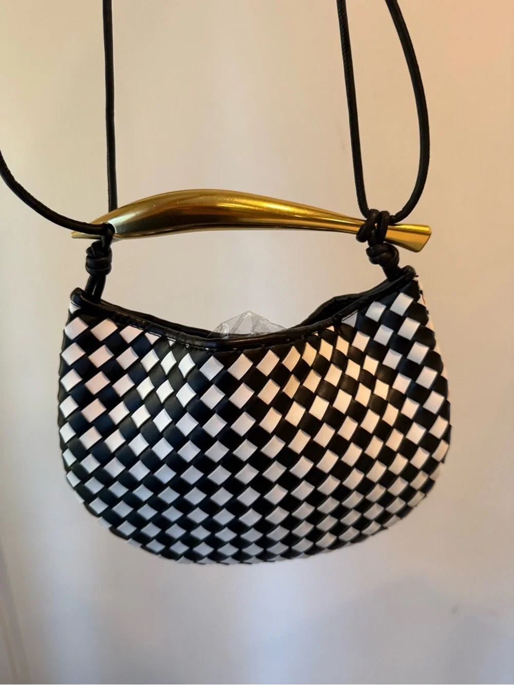 New Sardine Woven Black & White Halfmoon Bag with Gold Handle #Lux-P